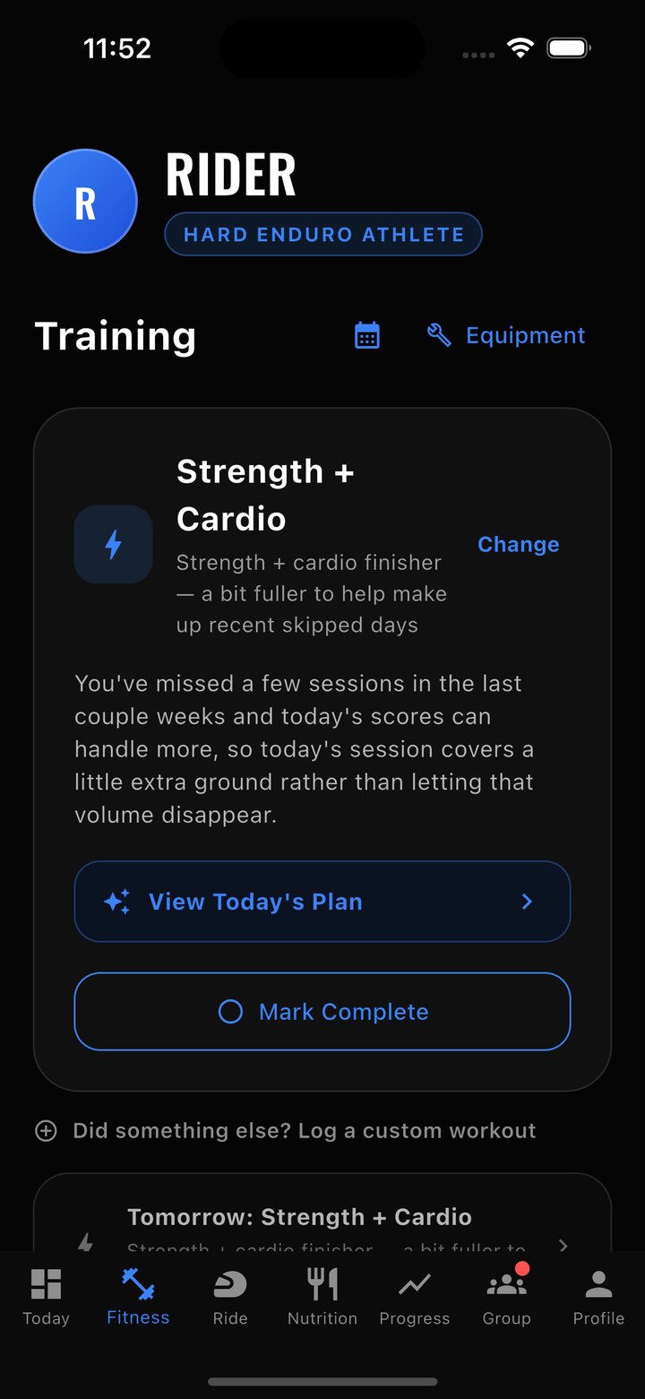 EnduroFit training screen showing today's strength and cardio session for a hard enduro athlete